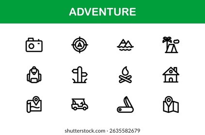 Adventure Icon Set in Vetor Style Com Caminhadas, Camping, Viagens e Gráficos de Exploração