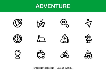 Adventure Icon Set in Vetor Style Com Caminhadas, Camping, Viagens e Gráficos de Exploração