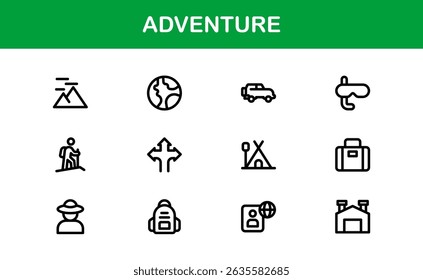 Adventure Icon Set in Vetor Style Com Caminhadas, Camping, Viagens e Gráficos de Exploração