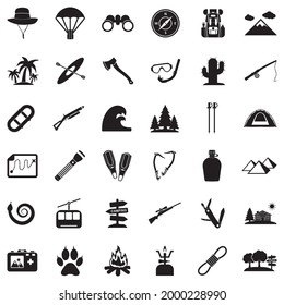 Adventure Icons. Black Flat Design. Vector Illustration.
