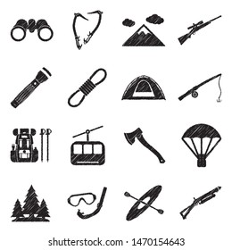 Adventure Icons. Black Scribble Design. Vector Illustration.