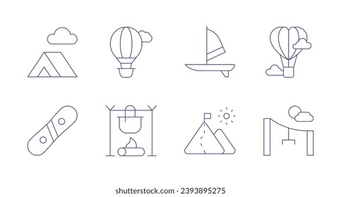Adventure icons. Editable stroke. Containing tent, windsurf, hot air balloon, snowboard, climbing, pot, zip wire.