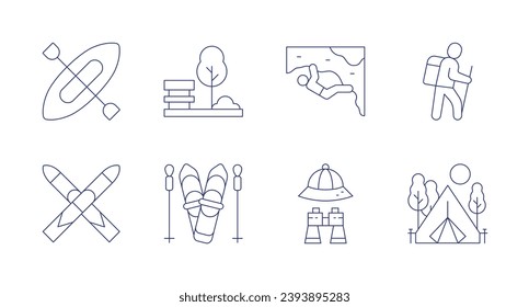 Adventure icons. Editable stroke. Containing rock climbing, canoe, ski, safari, park, hiking, camping.