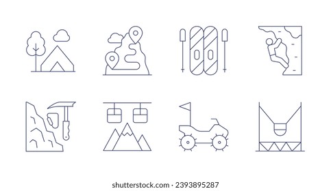 Adventure icons. Editable stroke. Containing camping, ski, route, rock climbing, climbing, quad, cable car, bungee jumping.