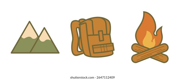 Adventure Icons with Mountain Peaks, Brown Backpack, Campfire - Hiking and Outdoor Vector