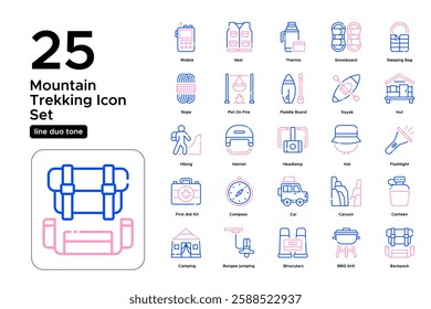 Adventure Icons and Outdoor Lifestyle. Travel Essentials, Mountains, and Campsites. Vector Illustration. Oultine duo tone icon set