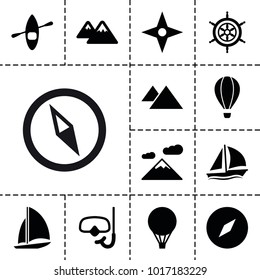 Adventure icons. set of 13 editable filled adventure icons such as compass, mountain, snorkel, helm, sailboat, air balloon