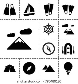 Adventure icons. set of 13 editable filled adventure icons such as compass, flippers, sailboat, mountain, helm, air balloon, tent