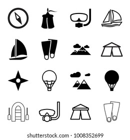 Adventure icons. set of 16 editable filled and outline adventure icons such as mountain, air balloon, compass, tent, underwater mask, sailboat, flippers