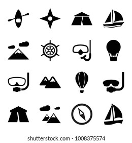 Adventure icons. set of 16 editable filled adventure icons such as tent, underwater mask, air balloon, sailboat, mountain, snorkel, helm, rowing boat