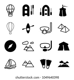 Adventure icons. set of 16 editable filled and outline adventure icons such as tent, compass, flippers, inflatable boat, rowing boat, underwater mask, air balloon, mountain