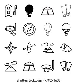 Adventure icons. set of 16 editable outline adventure icons such as air balloon, tent, compass, underwater mask, flippers, inflatable boat, mountain, snorkel