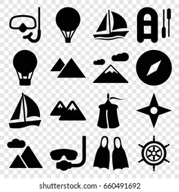 Adventure icons set. set of 16 adventure filled icons such as mountain, snorkel, flippers, helm, sailboat, air balloon, compass, tent, underwater mask