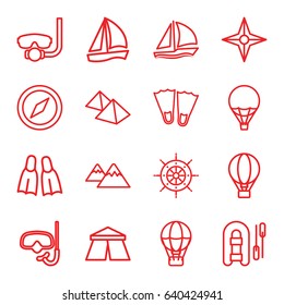 Adventure icons set. set of 16 adventure outline icons such as tent, mountain, air balloon, flippers, helm, sailboat, compass, snorkel, underwater mask