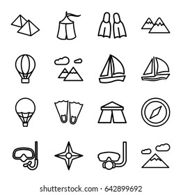 Adventure icons set. set of 16 adventure outline icons such as tent, mountain, air balloon, flippers, sailboat, compass, snorkel