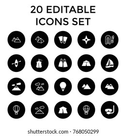 Adventure icons. set of 20 editable filled and outline adventure icons such as tent, underwater mask, flippers, sailboat, mountain, air balloon, rowing boat, compass