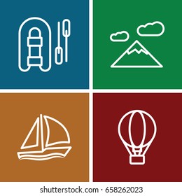 Adventure icons set. set of 4 adventure outline icons such as air balloon, sailboat, mountain