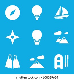Adventure icons set. set of 9 adventure filled icons such as flippers, mountain, sailboat, air balloon, compass