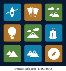 Adventure icons set. set of 9 adventure filled icons such as mountain, air balloon, rowing boat, tent, flippers