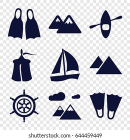 Adventure icons set. set of 9 adventure filled icons such as mountain, flippers, helm, rowing boat, tent