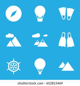 Adventure icons set. set of 9 adventure filled icons such as mountain, flippers, helm, air balloon