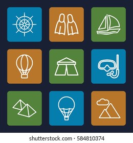 adventure icons set. Set of 9 adventure outline icons such as tent, mountain, air balloon, flippers, helm, sailboat