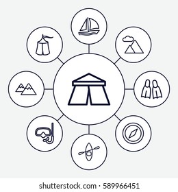 adventure icons set. Set of 9 adventure outline icons such as tent, mountain, flippers, sailboat, rowing boat, snorkel