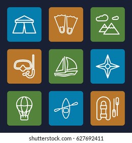 Adventure icons set. set of 9 adventure outline icons such as tent, mountain, sailboat, rowing boat, compass, snorkel, flippers, inflatable boat