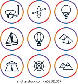Adventure icons set. set of 9 adventure outline icons such as tent, mountain, air balloon, helm, rowing boat, sailboat