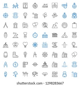 adventure icons set. Collection of adventure with cabin, backpack, tent, balloons, zeppelin, hot air balloon, surfboard, rucksack, compass. Editable and scalable adventure icons.