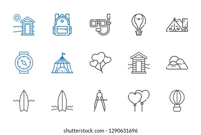 adventure icons set. Collection of adventure with hot air balloon, balloons, compass, surfboard, mountain, cabin, tent, dive, backpack. Editable and scalable adventure icons.