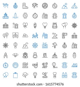 adventure icons set. Collection of adventure with rucksack, surfboard, hot air balloon, balloons, hip flask, tent, backpack, airship, dive. Editable and scalable adventure icons.