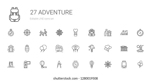 adventure icons set. Collection of adventure with rudder, hot air balloon, compass, guide, backpack, balloons, balloon, caravan, sleeping bag. Editable and scalable adventure icons.