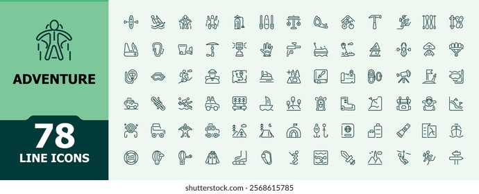 Adventure icons set. Contains such icons as activity, orientation, axe, forest, mountain, climbing and more. Simple and minimalist icon designs. Editable vector stroke.