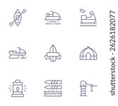 Adventure icons set. Thin Line style, editable stroke. canoe, jetski, oillamp, snowmobile, surf, tent, waterskiing, zipline.