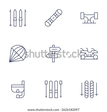 Adventure icons set. Thin Line style, editable stroke. parachute, quad, scubadive, signpost, skateboard, skii, skiing, snowboard.