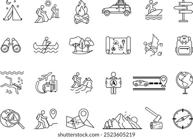 Adventure Icons Set. Vector Icons Travel, Hike, Campfire, Mountains, Climbing, Scuba Diving. Camping, Quest, Surfing, Road Trip, Canoe, and More