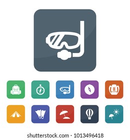 Adventure icons. vector collection filled adventure icons such as diving mask, hot air balloon, tent, beach umbrella, diving mask, flippers, compass, backpack, backpack