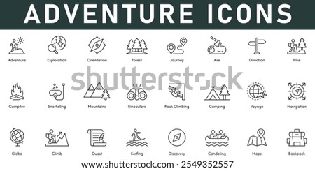 Adventure Icons vector illustration with thin line editable stroke contains exploration orientation forest journey axe direction hike campfire mountains maps climb surfing globe discovery