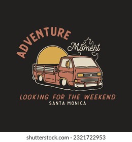 adventure illustration, car vintage illustration, sunset on car design, vintage car badge design, artwork for tshirt, vintage car design for apparel