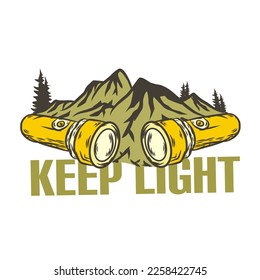 Abenteuer-Illustration, Wald, Camping. Halte Licht!