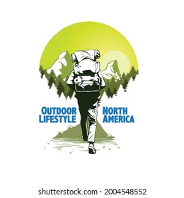 ilustración de aventura con fondo de montaña y bosque