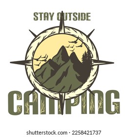 Adventure illustration, mountains, Camping, Compas. Stay outside 