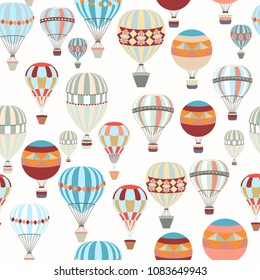 Adventure illustration pattern with air balloons in vintage hipster style