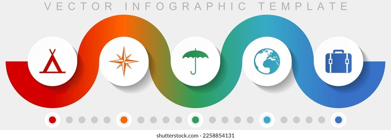 Adventure infographic vector template with icon set, miscellaneous icons such as tent, navigation, umbrella, globe and case for webdesign and mobile applications