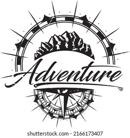 Adventure inscription surrounded by a compass and mountains