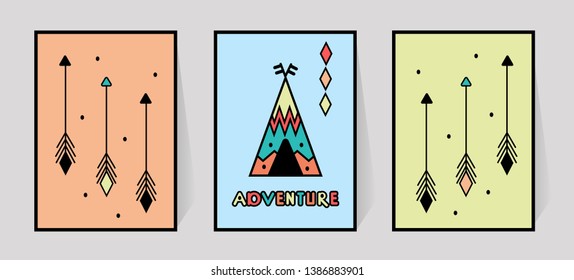 Adventure Inscription and three arrows for print typography. Kids room wall decor of wigwam or tipi in scandinavian style. Vector illustration on blue, green, orange backdrop. Geometric ornament