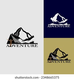 Adventure. Inspirational typography poster lettering with text, mountains and camper tent. Vector illustration.