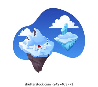 Adventure island game. 3D vector illustration of floating platforms with isolated islands with winter landscapes and ice crystals located against a sky with clouds.