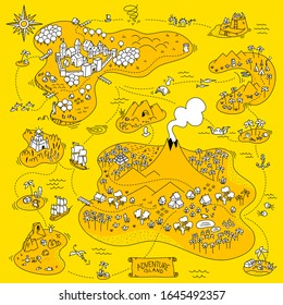 Adventure island map. Board game. Fantasy area game. Pirates, sea monsters, mountains and medieval city. Cartoon vector yellow white and black line.